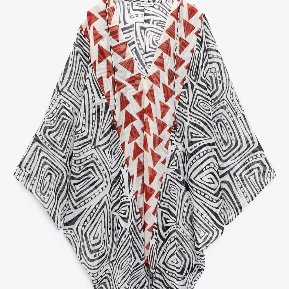 Zara Orange and Black Swim Coverup with Dramatic Draped Sleeves